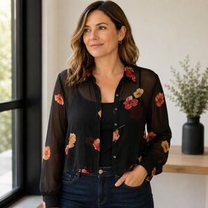 Ann Taylor Loft 100% Silk Black Floral Button Down Crop Top Size 12 Whimsigoth